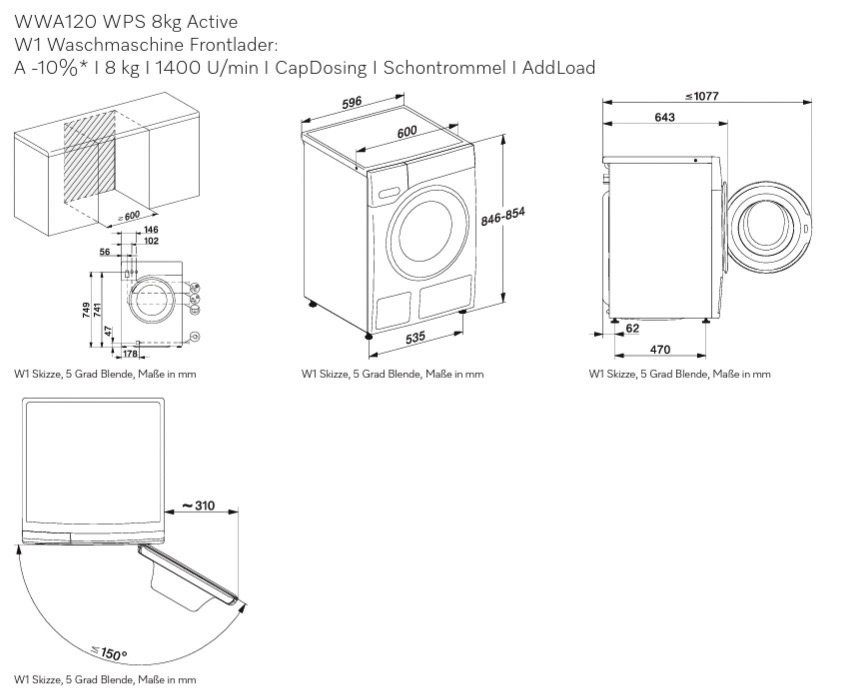 Miele WWA 120 WPS Active | W1 | 8 kg | W1 | 1.400 U/min | 72 dB | EEK A