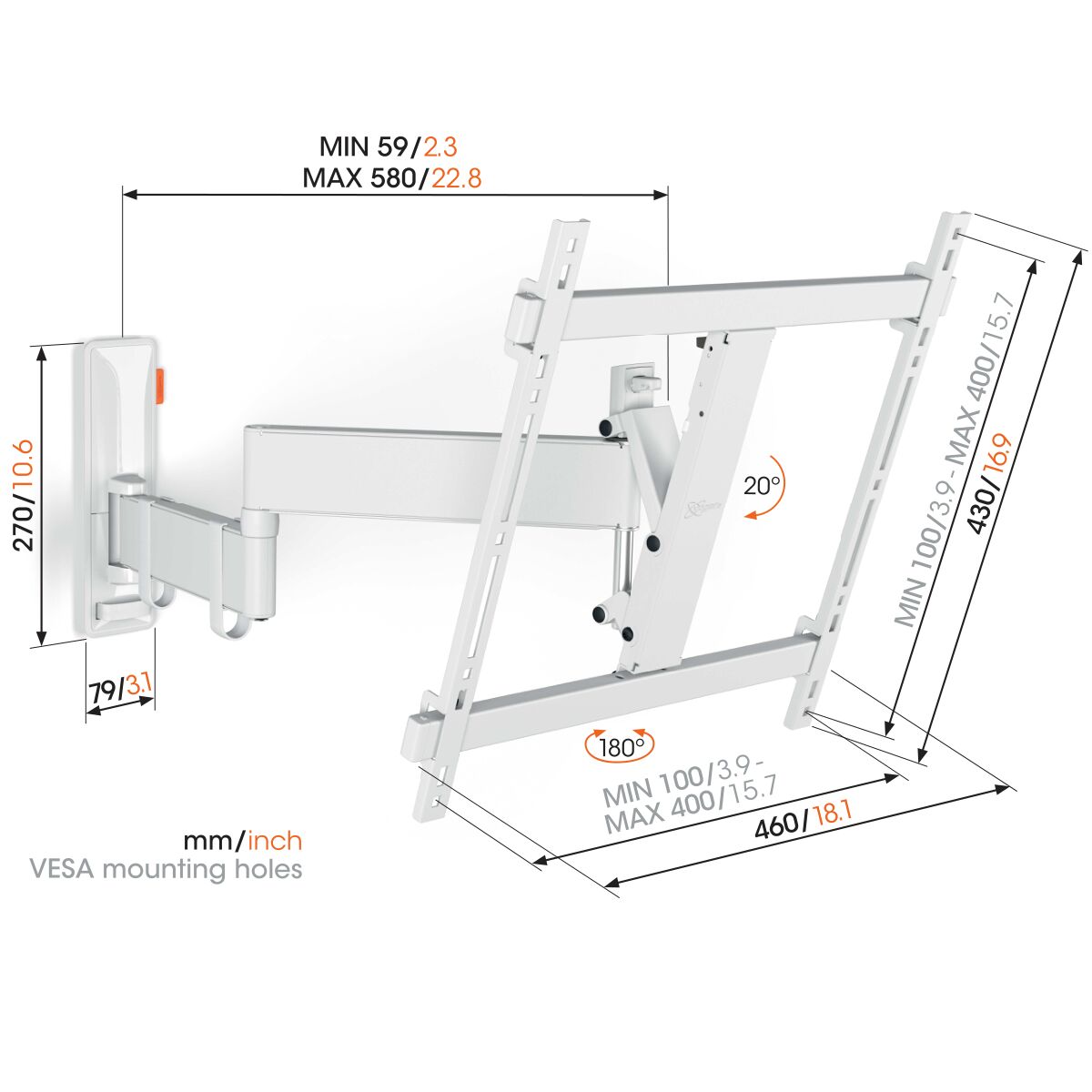 Vogels TVM3445 Schwenkbare TV-Wandhalterung bis 65 Zoll (Weiß)